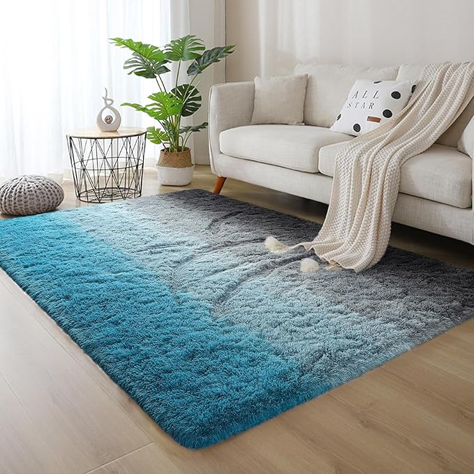 DweIke Luxury Fluffy Kids Rugs for Living Room Bedroom, 5x8 Large Shaggy Black and Blue Area Rug for Girls Boys, Upgrade Plush Non-Slip and Washable Colorful Fuzzy Carpet for Dorm Nursery Decor