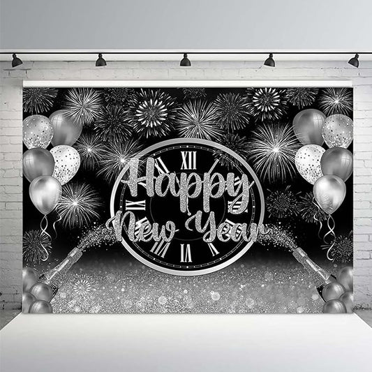 MEHOFOND 10x7ft Happy New Year Backdrop Silver 2026 New Year Eve Party Decorations Banner Supplies Shining Champagne Balloons Firework Photography Background New Years Eve Photo Studio Props