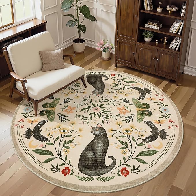 GarveeHome Round Area Rugs 5ft for Bedroom, Cat Beige Washable Circle Rug Soft Non Slip Mushroom Floral Floor Mat Carpet Indoor Thin Rug for Bedroom Dining Room Playroom Nursery Gothic Decor