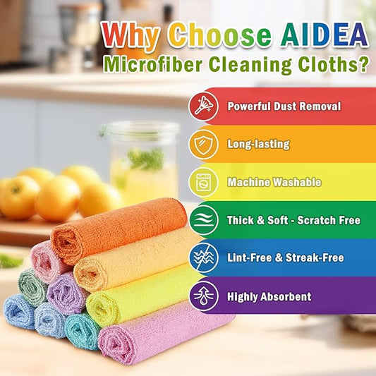 AIDEA Microfiber Cleaning Cloth, 20PK, Colorful Lint-Free Vibrant Cleaning Rags, Microfiber Towels for Cars, Wash Cloths, Dusting Cloth for Home, Window, Cleaning Supplies, 11.5"×11.5"