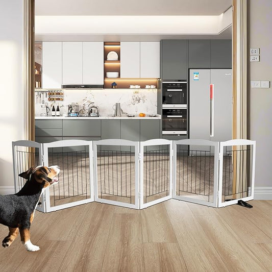 ZJSF Freestanding Dog Fence Indoor, Foldable Dog Gate for Doorways, Stairs or Hallways, Sturdy Wood Extra Wide Pet Gate with Support Feet for The House, Grey, 24 "Height-6 Panels