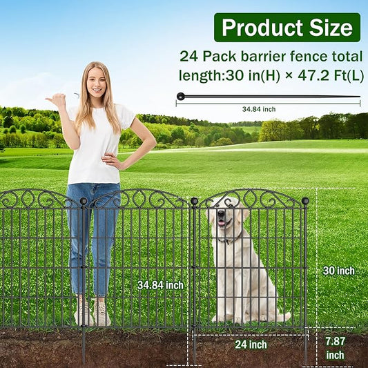 24 Panels - Garden Fence with Gate 30in H x 47.2ft L 22 Panels + 2 Gate, No Dig Rustproof Metal Tall Animal Barrier for Dogs Rabbits, Decorative Outdoor Border for Yard, Patio, and Flower Beds