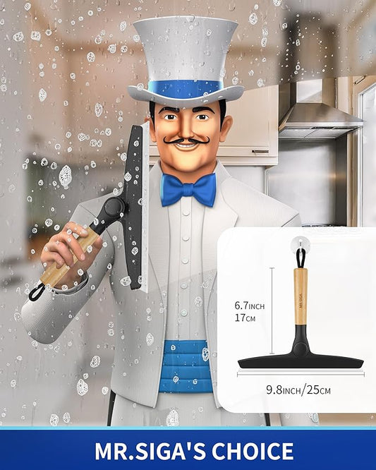 MR.SIGA All Purpose Silicone Squeegee for Shower Door, Mirror, Glass, Streak Free Shower Squeegee, Pivoting Bamboo Handle, Includes 1 Suction Hook, 10 inch Wide, Black, 1 Pack