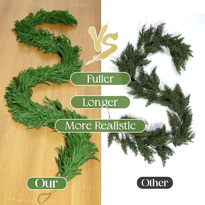 10 Ft Christmas Norfolk Pine Garland Decorations, Artificial Dense Real Touch Pine Greenery Garland for Fireplace, Mantle, Table, Indoor, Outdoor Christmas Decor