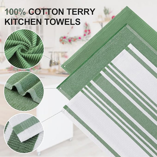 Homaxy Premium Kitchen Towels(18”x 28”, 3 Pack), Large Cotton 380 GSM Kitchen Hand Towels, Soft and Absorbent Terry Dish Towels, Multipurpose Tea Towel Set with Hanging Loop, Grass Green