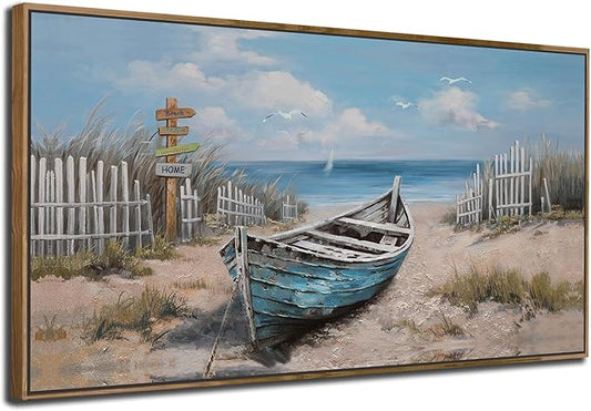 Ardemy Boat Canvas Wall Art Extra Large Framed Coastal Beach Bedroom Pictures Wall Decor Living Room Seascape Paintings Wall Decor Textured Artwork for Kitchen Dining Room Home Office, 58"x29"
