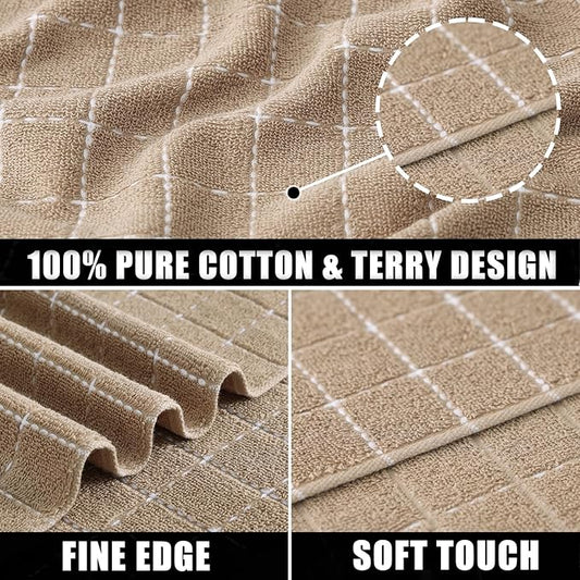 Mordimy 100% Cotton Terry Cloth Dish Cloths, Soft and Absorbent Checkered Dish Towels, Quick Drying Dish Rags for Washing Dishes, 6 Pack, 12 x 12 Inches, Tan