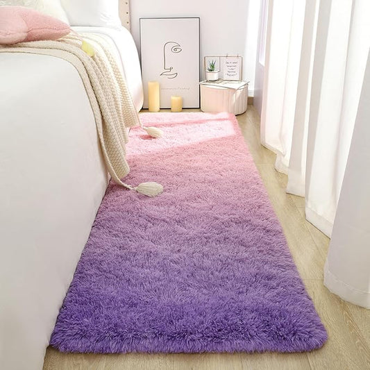 DweIke Luxury Shaggy Runner Rugs for Bedroom, 2x6 Feet Fluffy Runners Carpet for Girls Boys Kids, Non-Slip Extra Comfy Plush Bed Beside Rug for Living Room Nursery Home Decor, Pink and Purple