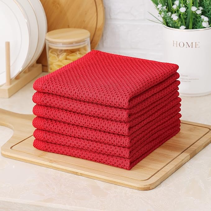Kitinjoy 100% Cotton Kitchen Dish Cloths, 12 Pack Waffle Weave Ultra Soft Absorbent Dish Towels for Drying Dishes Quick Drying Kitchen Towels Dish Rags, 12 X 12Inch, Red