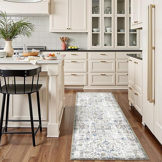 jinchan Runner Rug 2x6 Washable Hallway Rug Vintage Indoor Thin Retro Floor Cover Distressed Floral Country Lightweight Non Slip Carpet for Entryway Bathroom Kitchen Bedroom Living Room Blue