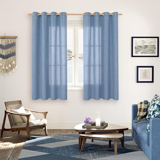 YoungsTex Denim Blue Linen Curtains 68 Inch Length for Living Room, Semi Sheer Light Filtering Window Drapes with Bronze Grommet Privacy for Farmhouse Bedroom, 52 x 68 Inch, 2 Panels