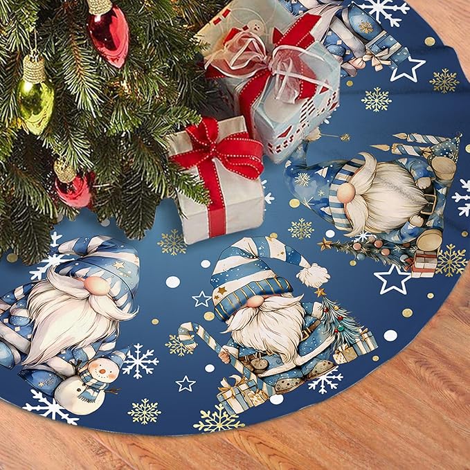 Blue Gnomes Christmas Tree Skirt Gnomes Snowflaks Christmas Decorations House Decor Winter Holiday Party Xmas Tree Skirt 36 inches