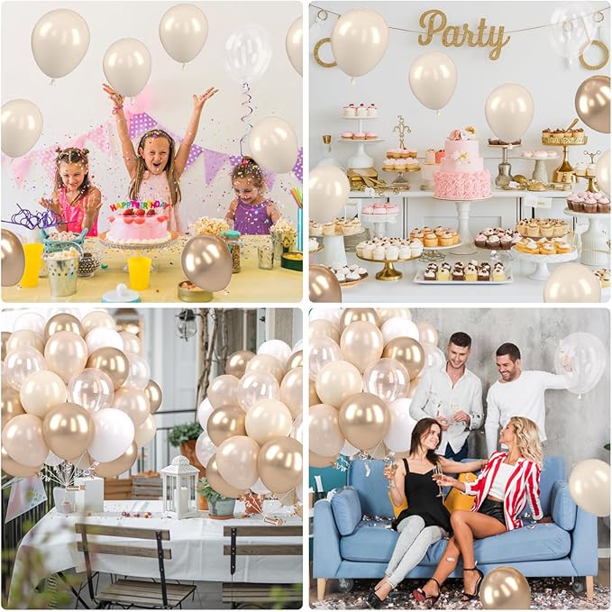 Gold and White Balloons, 12 Inch Gold Balloons, Nude Metallic Champagne Gold Balloons, Pearl White Clear Latex Balloons for Wedding Engagement Anniversary Men Women Birthday Party Decorations