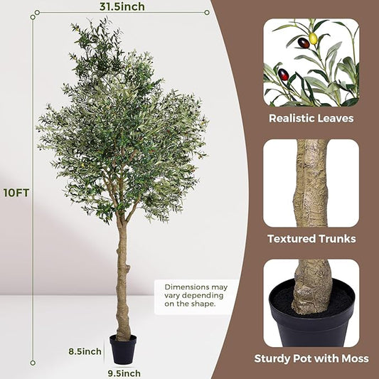 Artificial Olive Tree 10FT, Indoor Fake Silk Plant with Realistic Trunk, Leaves, Fruits and White Planter, Faux Potted Tree for Home Decor and Housewarming Gift, 1 Pack