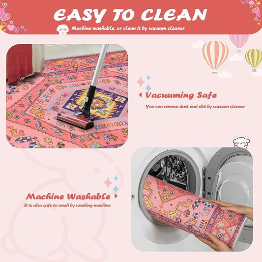 SERISSA Small Rugs for Entryway, 2x3 Fuchsia Pink Washable Non-Slip Area Rug Cute Boho Aesthetic Rug, Soft Low-Pile Indoor Door Mat Throw Carpet for Entrance Kitchen Bedroom Teen Girl Kids Room