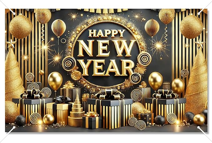 Happy New Year Backdrop 71x43 Inch Black Gold Party Banner Luxury Fireworks Celebration Background Elegant Holiday Wall Decor for New Year Eve Party Photo Booth Home Event