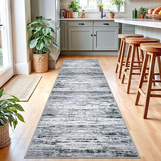 Modern Abstract Runner Rug 2.6x10, Black Grey White Washable Long Kitchen Runner Non-Slip Soft Hallway Rug Runner Thin Print Faux Wool Carpet for Entryway Bedroom Laundry Room Indoor Home Decor