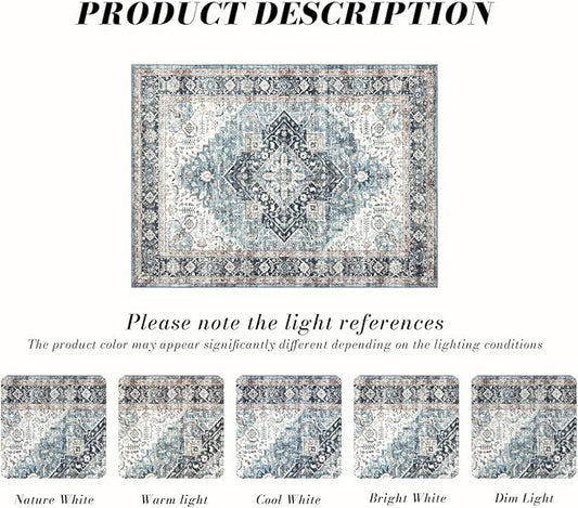 Runner Rug 2×8, Vintage Boho Rug,Ultra-Soft Low Pile, Washable, Non Slip,Stain Resistant Printed Carpet for Hallway Kitchen Living Room Bedrooms Playroom Office, Blue/Navy