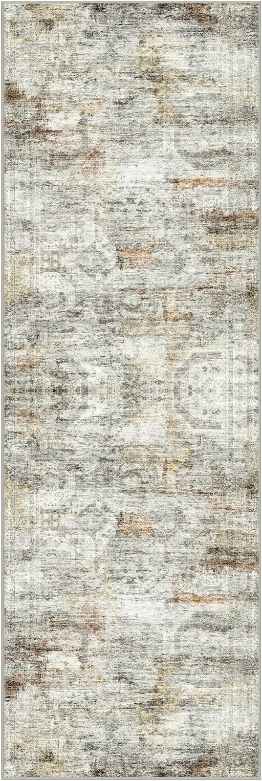 Kitchen Runner Rug Non Slip - 2.5 x 8 Runners for Hallways, Entryway, Bedroom, Washable Runner Rugs for Bathroom, Laundry Room, Low Pile Soft Vintage Area Rug(2.5'x8', Grey/Rust)