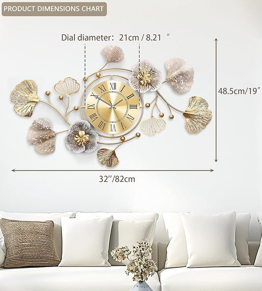 Clocks for Living Room, Large Wall Clock, 3D Silent Wall Clock, Retro Metal Ginkgo Leaf Design, for Bedroom Kitchen Decorative Wall Clocks(32''x18'' )