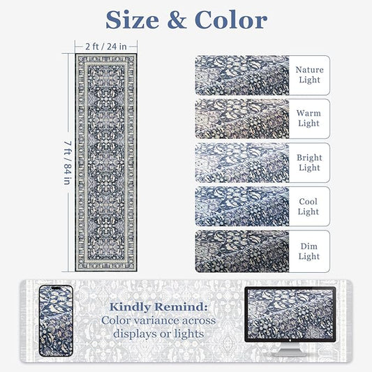 Dark Blue 2x7 Runner Rug Non Slip, Floral Trellis Entryway Rugs for Inside House Mudroom, Kitchen Runner Rugs Non Skid Washable, Carpet Runner for Bathroom Laundry Room Bedroom Farmhouse