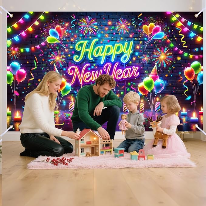 Nuxovilar Happy New Year Banner, Colorful Fireworks Neon Lights Backdrop for Party Decorations, 71x43 Inch