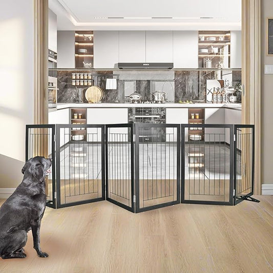 ZJSF Freestanding Dog Gate Indoor, Foldable Dog Fence for Doorways,Hallways or Stairs, Sturdy Wood Extra Wide Pet Gate with Support Feet,Black,32 "Height-6 Panels