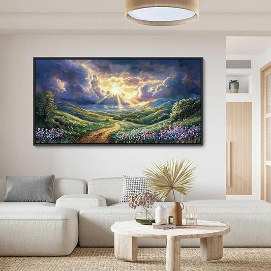 HKDGOKA Large Landscape Wall Art, Green Mountains Purple Clouds Flower Scenery Canvas Pictures Paintings Framed Artwork for Living Room Bedroom Office Kitchen Home Wall Decor 29x58 IN