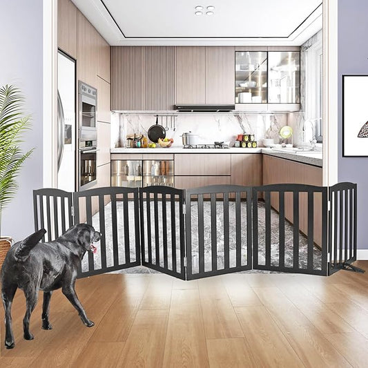 ZJSF Foldable Freestanding Indoor Dog Gate for House Wood White Long Pet Gates Dog Fence for Stairs Puppy Gates for Hallways, Puppy Gate,Support Feet Included, Black, 24 "Height-6 Panels