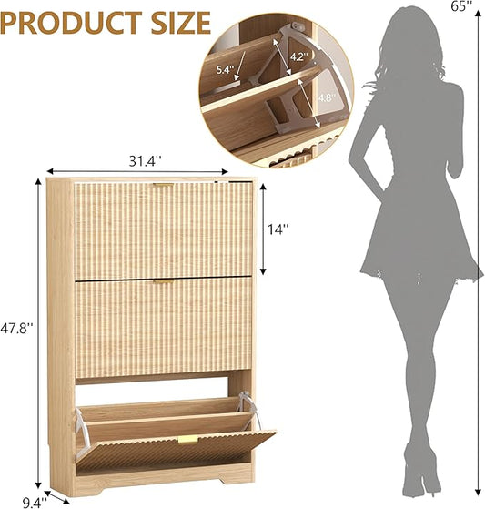 Shoe Cabinet Storage for Entryway with 3 Flip Drawers, Oak Fluted Shoe Cabinet with Adjustable Shelves, Wooden Hidden Shoe Rack Freestanding Narrow Slim Shoes Storage for Hallway, Entrance