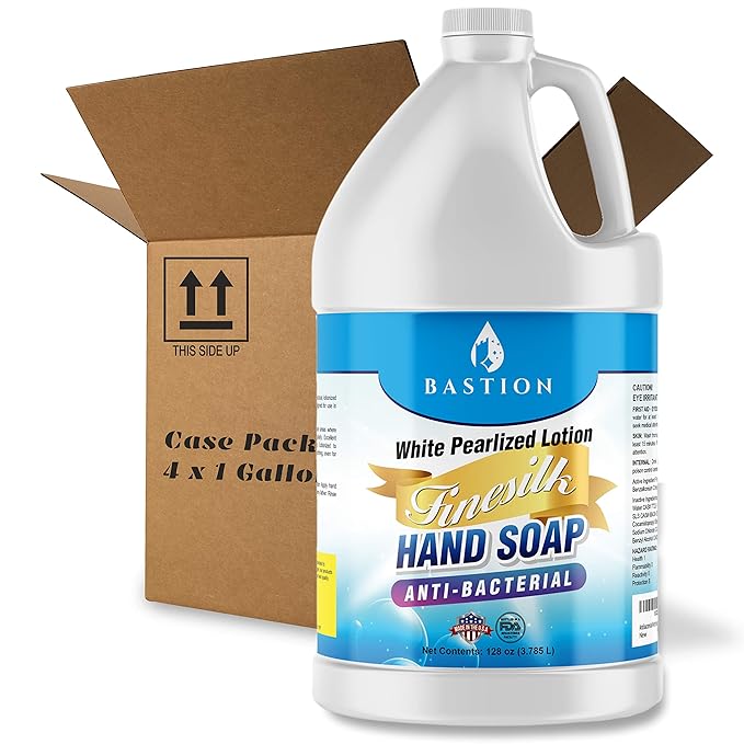 Antibacterial/Antimicrobial Finesilk White Pearlized Lotion Liquid Hand Soap: Bulk Case of Four Gallon (512 oz) Refill Jugs. PH Balanced Ultra-Strength. Made In USA