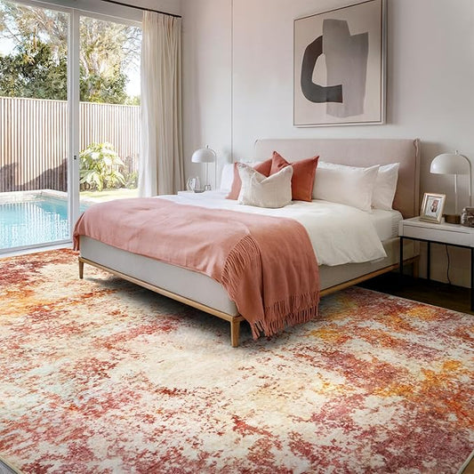 AUKOW Area Rug Living Room Rugs - 8x10 Washable Modern Neutral Abstract Rugs Soft Low Pile No Slip Stain Resistant Rug Indoor Large Carpet for Bedroom Dining Room Nursery Room Home - Pink/Orange