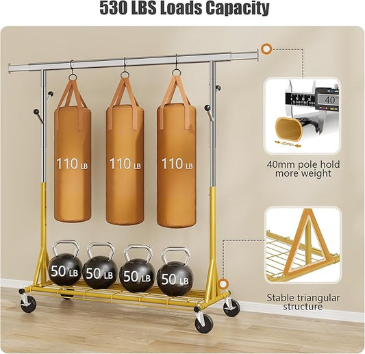 Heavy Duty Clothes Rack Load 530 LBS Metal Clothing Garment Rack Hang 200 pieces of clothing on Wheels Rolling Portable Collapsible & Adjustable with Hook for Hanging Clothes Gold