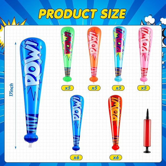 Seematn 32 Pcs Pow Inflatable Baseball Bats 17 Inch Inflatable Blow up Bats for Kids Carnival Game Prizes Bulk Baseball Party Favors Carnival Hero Sports Prizes (Mixed Color)