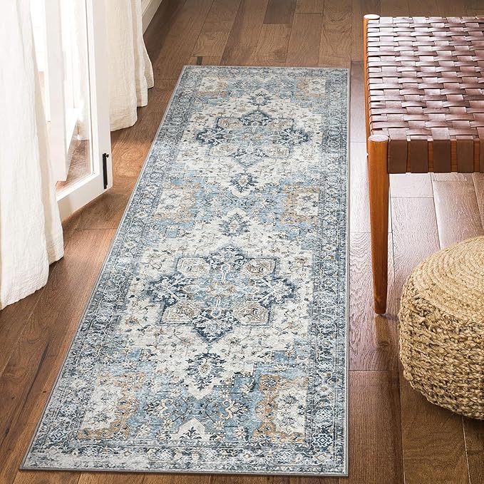 GENIMO Runner Rug 2'6"x6, Non Slip Vintage Hallway Runner Rugs, Low Pile Lightweight Machine Washable Mat for Hallway, Entryway, Bedroom, Kitchen and Corridor, Blue