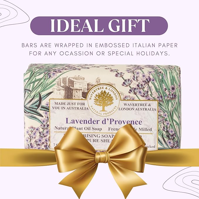 Wavertree & London Lavender D'Provence Scented Natural Soap Bar, 7oz Moisturizing French Triple Milled Soap Bar for Women & Men Enriched with Organic Shea Butter, Pure Bath & Body Soap (1 Bar)