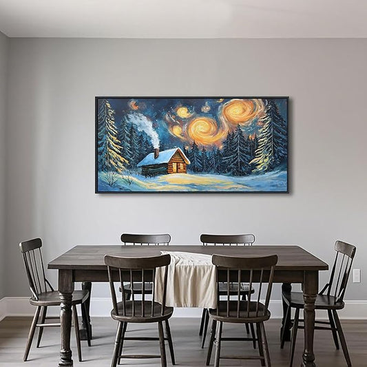 QZQCBLC Vintage Forest Wall Art, Large Farm Hut Landscape Pictures White Snow Green Trees Orange Clouds Abstract Painting Framed Artwork for Living room Bedroom kitchen Home Office Decor 24x48 IN