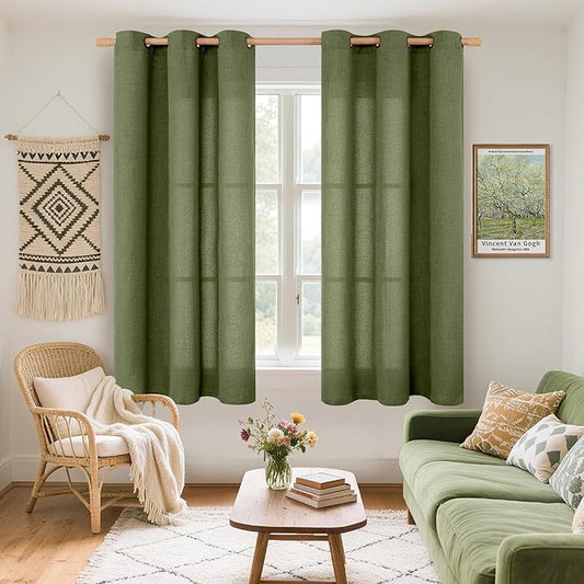 YoungsTex Olive Linen Curtains 48 Inch Length 2 Panels for Short Window, Dark Green Semi Sheer Drapes Light Filtering with Bronze Grommet for Living Room Bedroom, 42 X 48 Inch