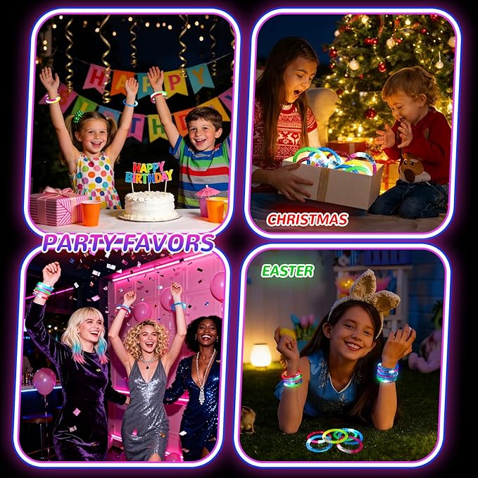 100 Pcs Glow Sticks LED Bracelets, Glow in the Dark Party Supplies for Kids/Adults, Flashing Light up Toys Goodie Bags Basket Stuffers, Neon Accessories New Year Eve Party Favors