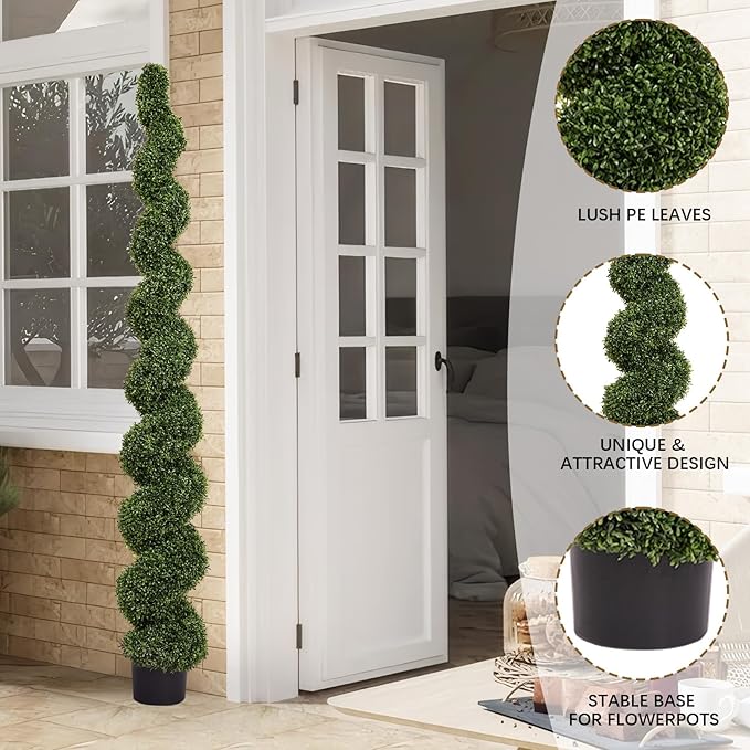 THE BLOOM TIMES 7 Foot Large Spiral Topiary Trees Artificial Outdoor Set of 2, Faux Boxwood Plants Outside - All-Year Green Fake Tall Tree for Home Office Front Porch Planter Decor 7ft