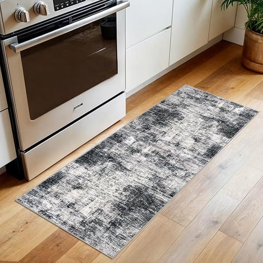 IOHOUZE Abstract Runner Rug 2x5 Ft Washable Runners for Hallways, Non Slip Kitchen Runner Printed Faux Wool Entryway Runner Indoor, Modern Abstract Floor Carpet for Hall Kitchen Bedroom, Black Grey