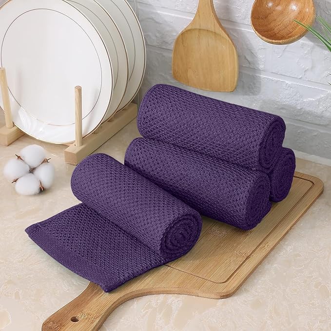 Kitinjoy 100% Cotton Kitchen Towels and Dishcloths Set, 8 Pack Waffle Weave Dish Towels Ultra Soft Absorbent Quick Drying Dish Rags, 13 x 28 Inch and 12 X 12 Inch, Eggplant