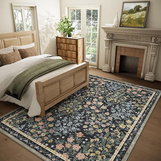 Washable Living Room Area Rug: 5x7 Rugs for Bedroom Vintage Stain Resistant Non Slip Low Pile Soft Lightweight Carpet Rug for Kitchen Dining Room Kids Room Nursery Living Room