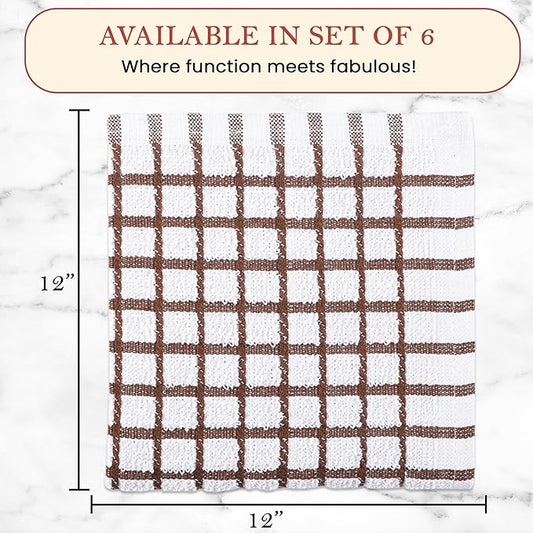 Vintage Vista 100% Cotton Dish Cloths (Pack of 6) - Dish Rags for Washing Dishes - Reusable & Highly Absorbent Kitchen Towels - Kitchen Rags for Christmas - (12" x 12" - Natural Brown Checkered)