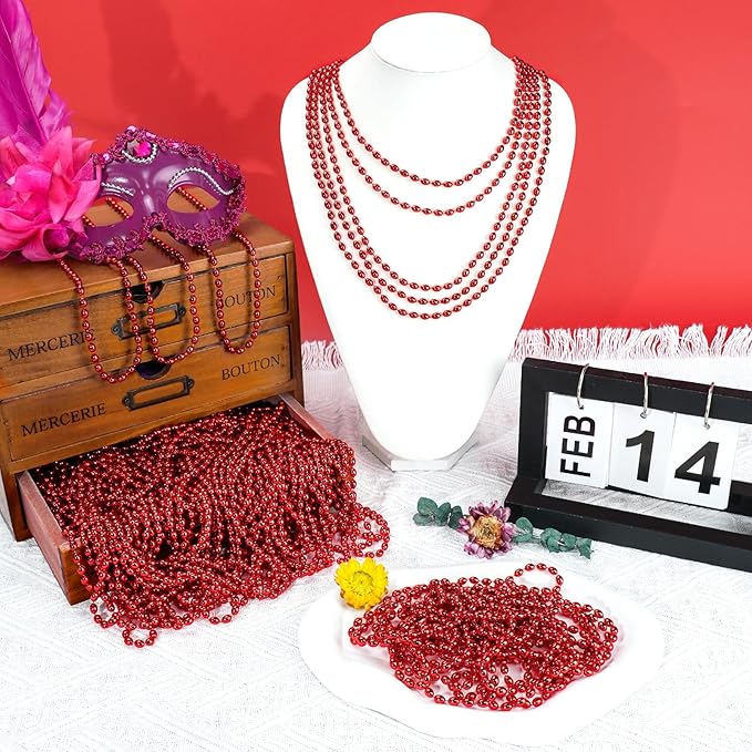 100 PCS Red Mardi Gras Beads, Red Oval Beads Necklaces Christmas Necklaces 30.5" Metallic Beaded Costume Necklaces Party Necklaces for Valentines Christmas Parade Throws Wedding Birthday Party Favors