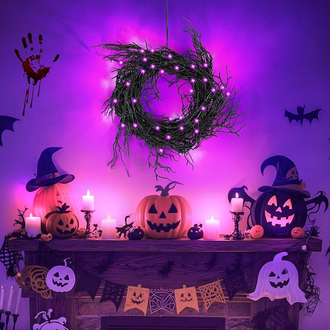 9 FT 66 LED Halloween Black Garland Willow Vine Twig Decor with Purple Light, 8 Modes & Timer Battery Operated Waterproof Halloween Decorations Indoor for Mantle Fireplace Home Office Party Decor