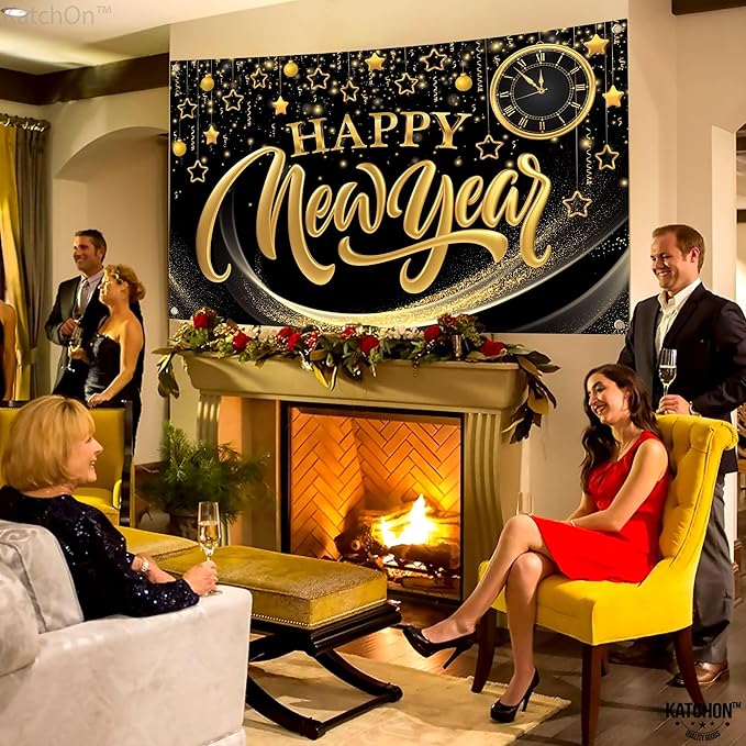 KatchOn, XtraLarge Happy New Year Banner - 72x44 Inch | Happy New Year Backdrop for New Years Decorations 2026 | NYE Eve Banner for NYE Decorations 2026 | New Years Eve Party Supplies 2026