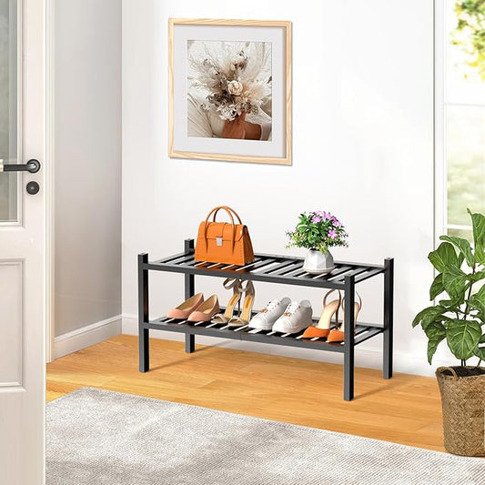 RONGJlA 2 Tier Bamboo Shoe Rack for Closet Free Standing Wood Shoe Shelf Storage Organizer for Entryway Small Space Stackable, Black