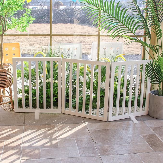 Dog Gate Indoor, Freestanding Dog Fence for The House, Doorways, Hallways,or Stairs,Pet Gate Foldable Wooden,Expandable 24" Height 3 Panels,White