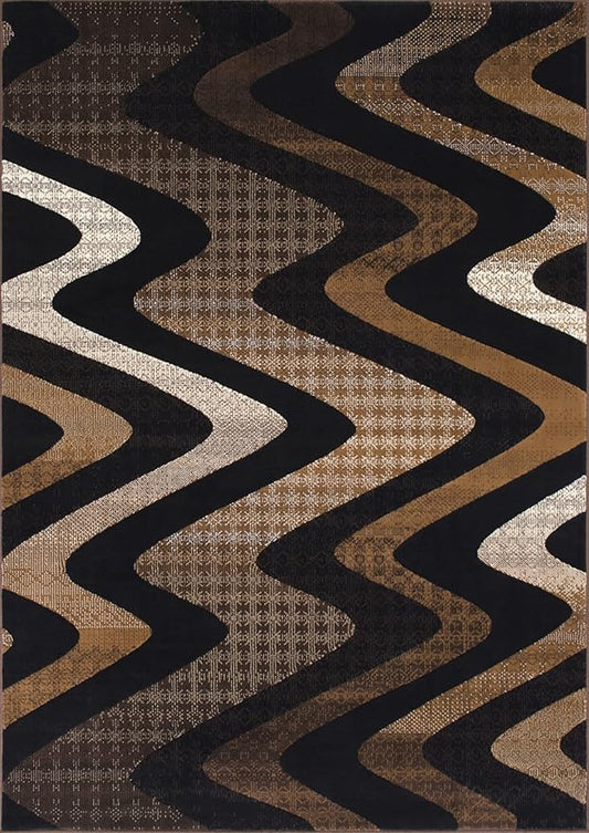 Allstar 8x10 Chocolate and Mocha Modern and Contemporary Rectangular Accent Rug with Ivory and Espresso Wavy Zigzag Design (7' 9" x 9' 8")